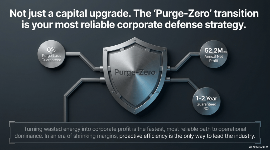 Purge-Zero blower non-purge system infographic: 0% purge loss guaranteed, 52.2M KRW annual net profit, ROI recovered within 1–2 years. Turning wasted energy into corporate profit as the fastest, most reliable path to operational dominance.