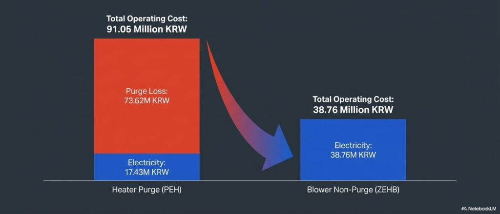 Bar chart comparing total operating costs: Heater Purge (PEH) at 91.05M KRW (electricity 17.43M + purge loss 73.62M) vs. Blower Non-Purge (ZEHB) at 38.76M KRW (electricity only) — ZEHB reduces total cost by 57%