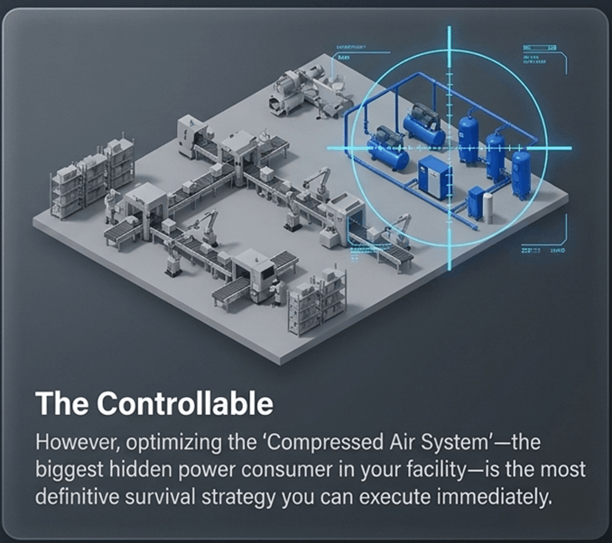 Optimizing the Compressed Air System - the biggest hidden power consumer in your facility-is the most definitive survival strategy you can execute immediately