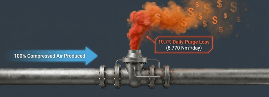 Infographic showing that 10.7% of the generated compressed air evaporates when using the PEH heater purge model