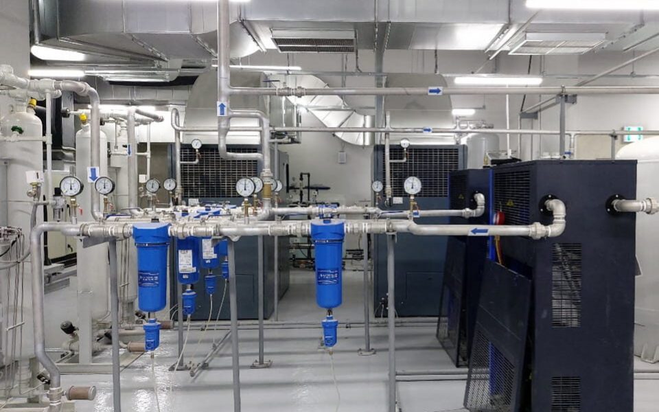 GSA Global Standard Air desiccant air dryer with PSA desiccant tower, solenoid valve, pressure gauge, and pneumatic valve installed in clean room